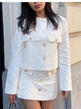 Zara Ivory Cropped Tweed Jacket with Gold Button XS